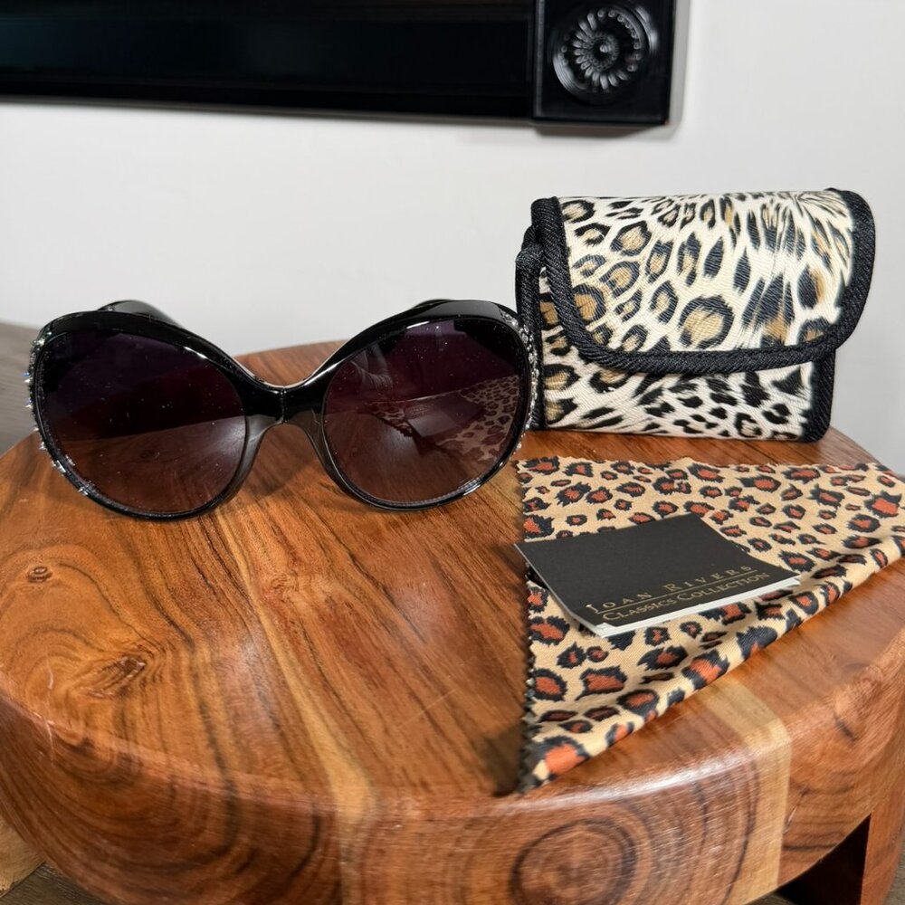 Joan Rivers Foldable Sunglasses Black w/ Leopard Case Travel Style